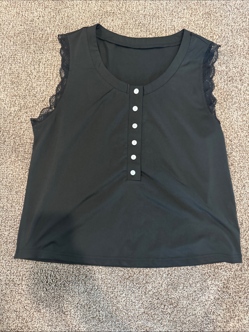 Black Lace-Trim Sleeveless Henley Top